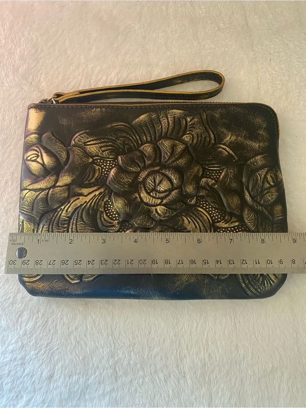 Patricia Nash Metallic Gold-Black Floral Wristlet - Large - Like New